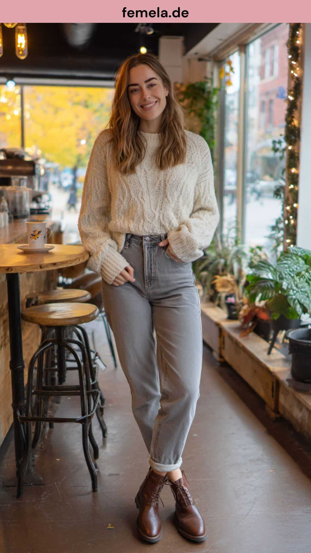 Gemütliches herbstliches Mom Jeans Outfit mit Grobstrickpullover und Chelsea Boots.