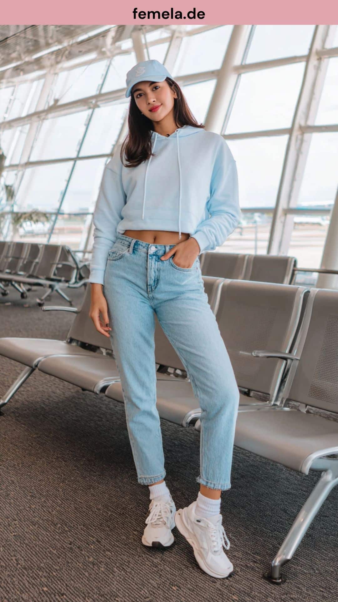 Sportliches Mom Jeans Outfit mit Hoodie, Cap und Sneakern für den Alltag.