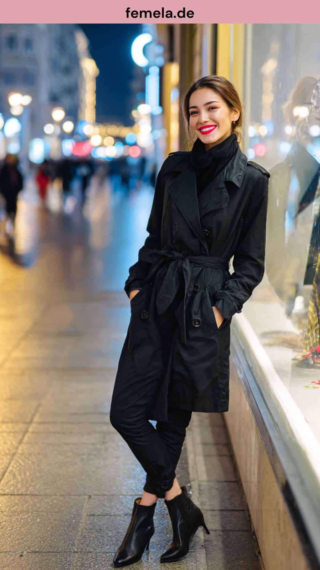 Cooles Abend-Outfit mit schwarzem Trenchcoat, schicker Hose und Boots.
