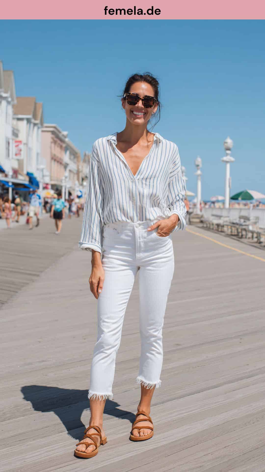 Sommerliches Outfit mit weißer Cropped Jeans und gestreifter Leinenbluse.