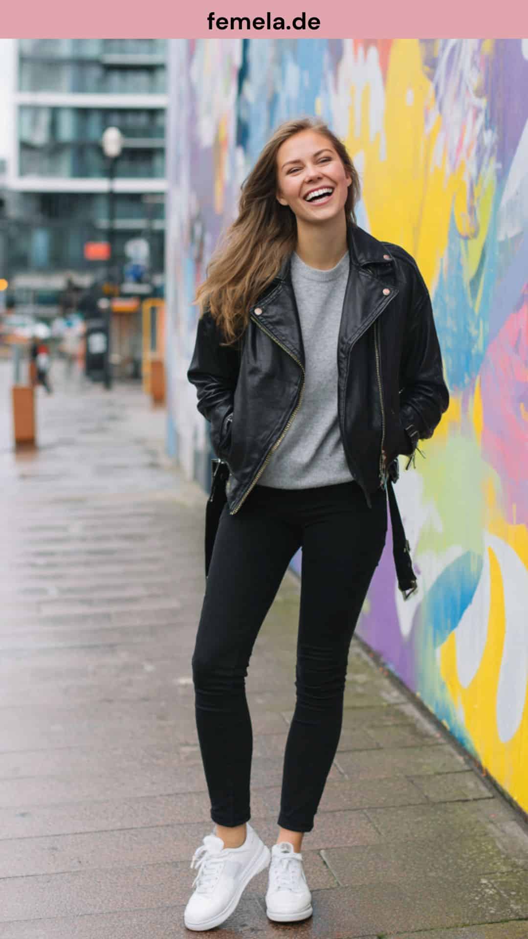Cooles Streetstyle-Outfit mit schwarzer Skinny Jeans, Lederjacke und weißen Sneakern.