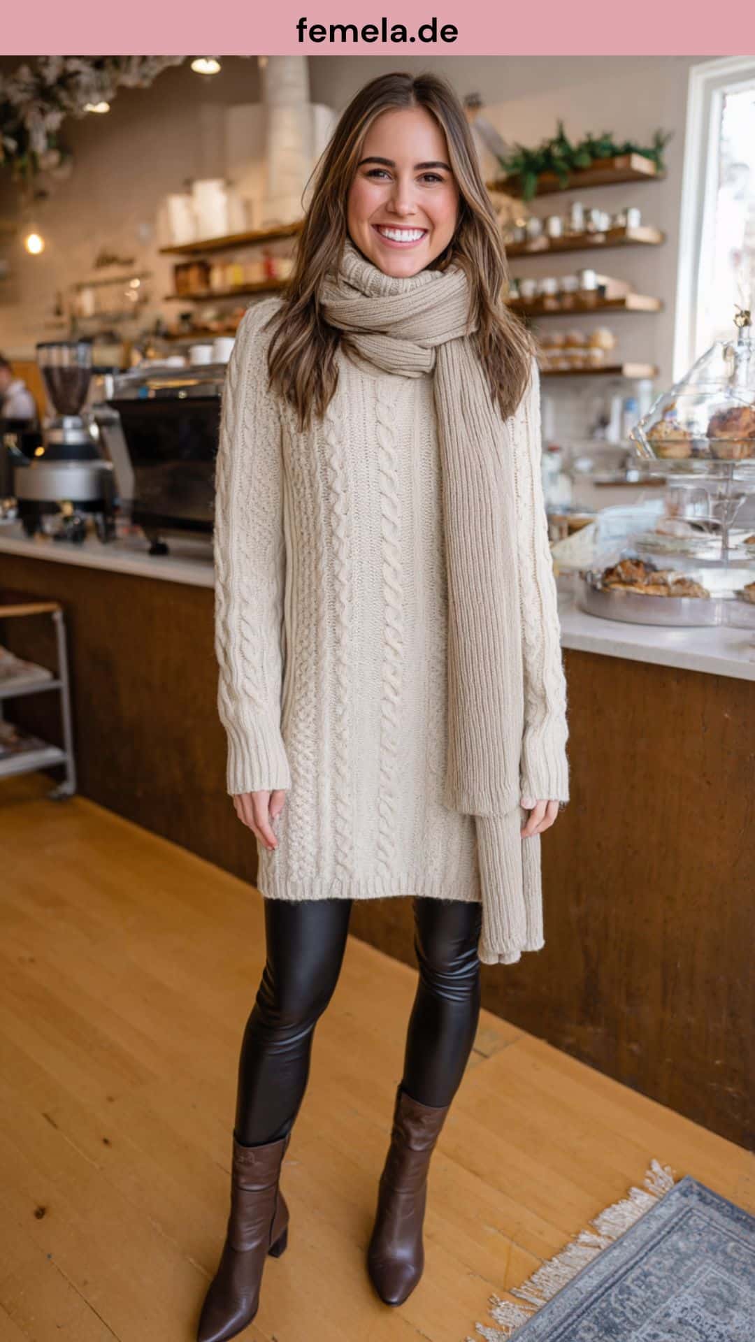 Winterliches Outfit mit cremefarbenem Strickkleid, schwarzen Leggings und braunen Lederstiefeletten.