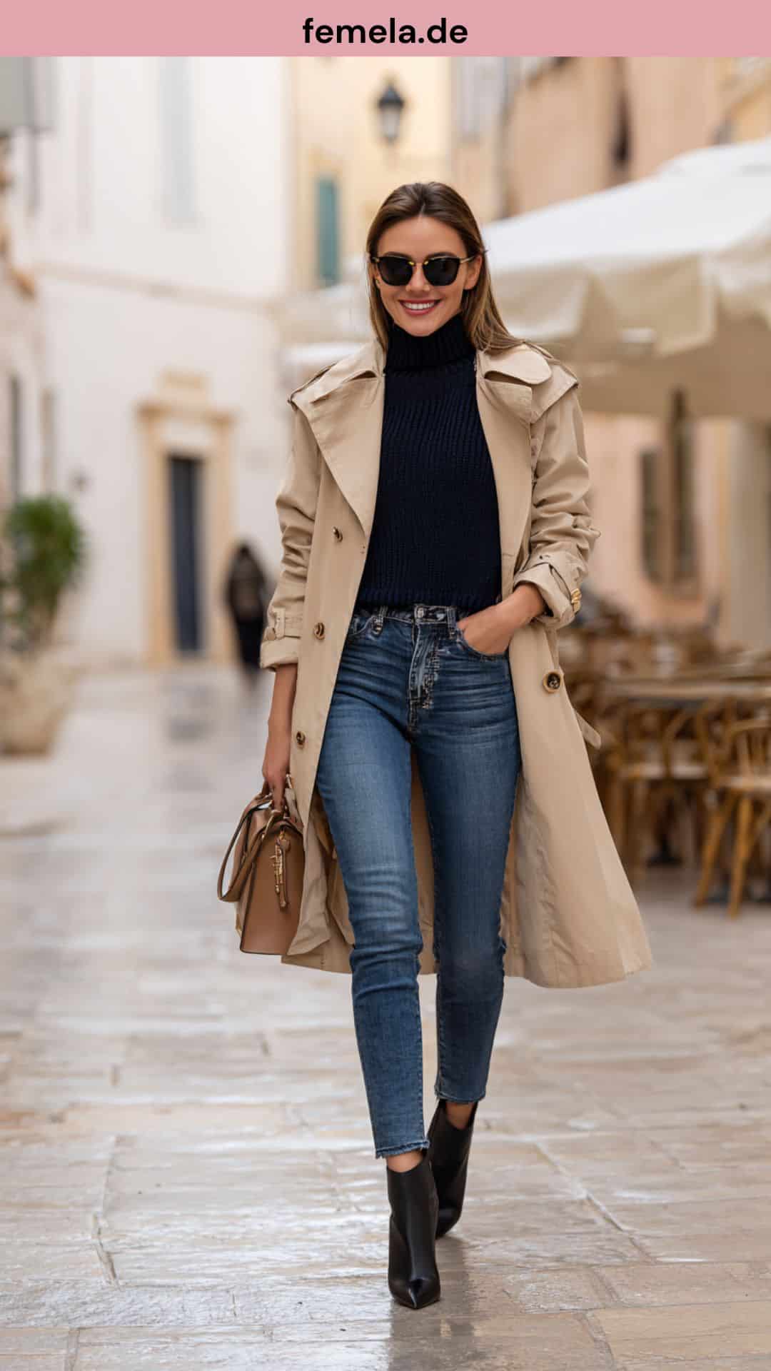 Zeitloser Look mit offenem Trenchcoat, blauer Skinny Jeans und schwarzen Ankle Boots.