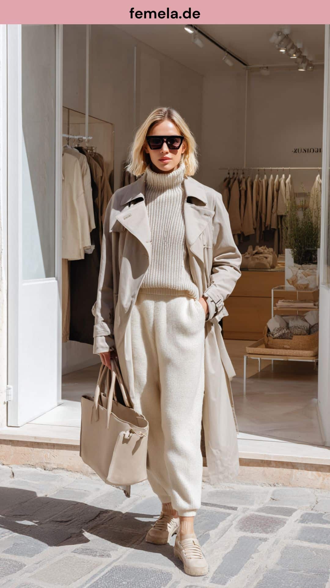 Monochromes Trenchcoat Outfit in verschiedenen Beigetönen für einen luxuriösen Look.