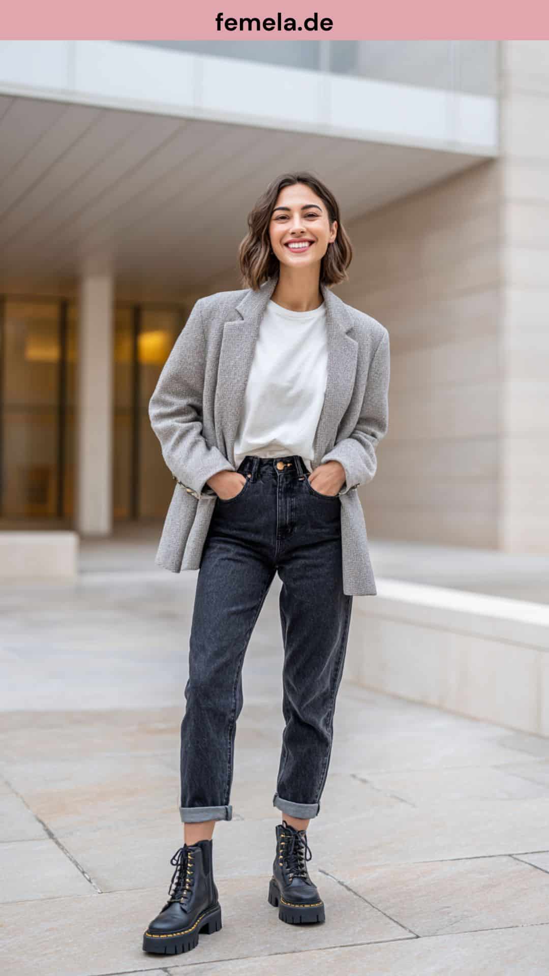 Urbaner Streetstyle mit einer Frau in dunkelblauer Jeans, schwarzen klobigen Chunky Boots und einem grauen Oversized-Blazer.