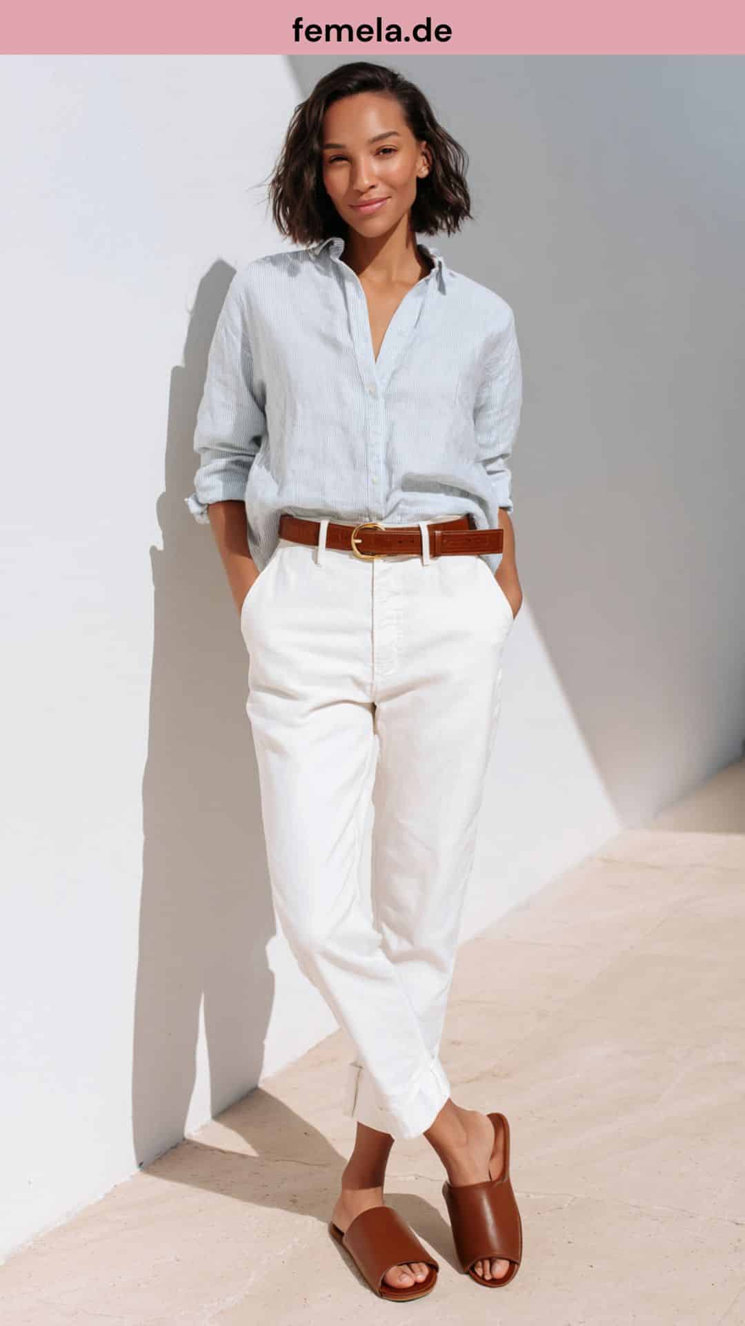 Minimalistischer Look mit weißer Jeans, hellblauer Leinenbluse und braunem Ledergürtel.