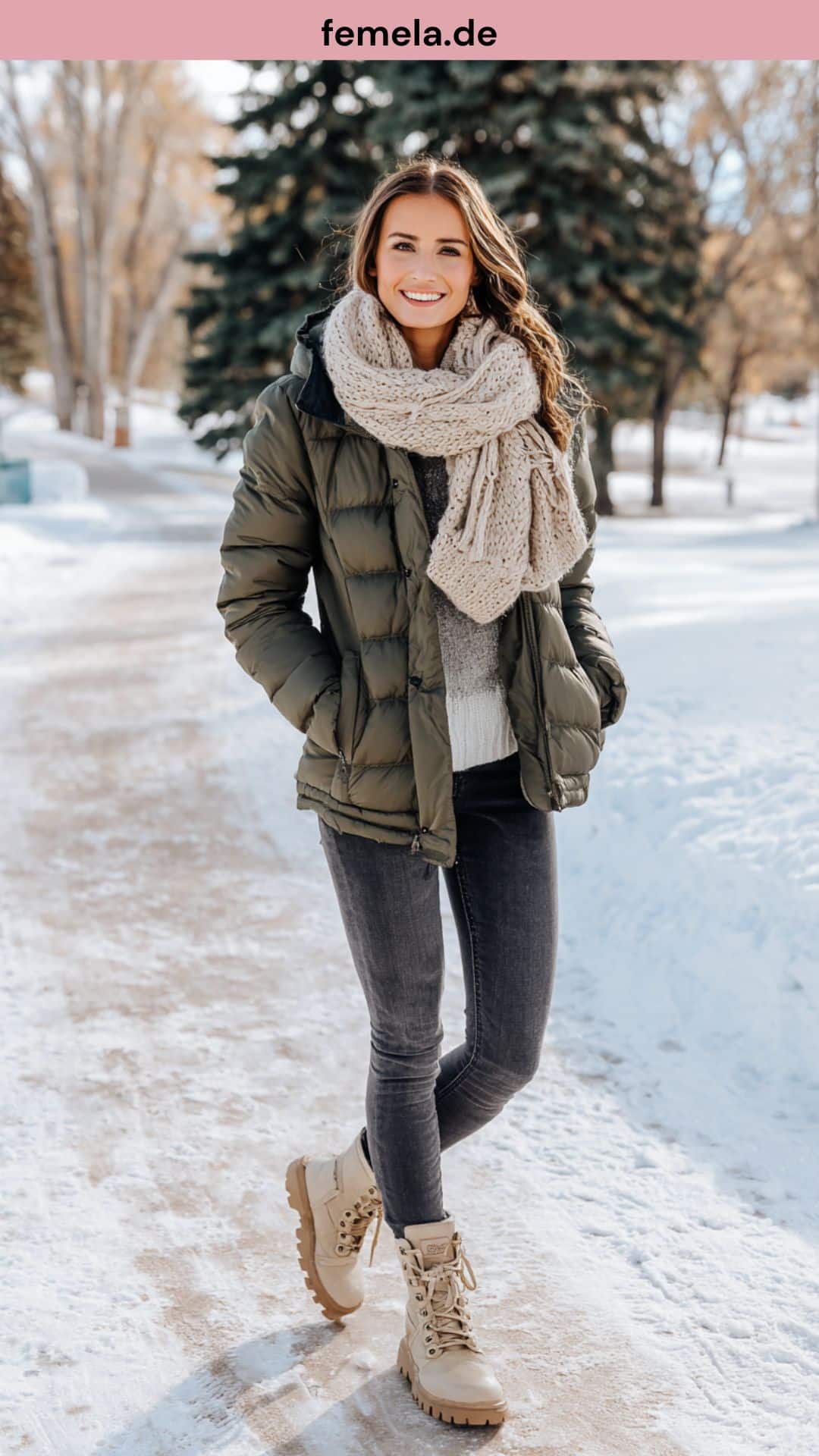 Winterliches Outfit einer Frau mit anthrazitfarbener Skinny Jeans, beige Schnürstiefeln und einer tannengrünen Pufferjacke.
