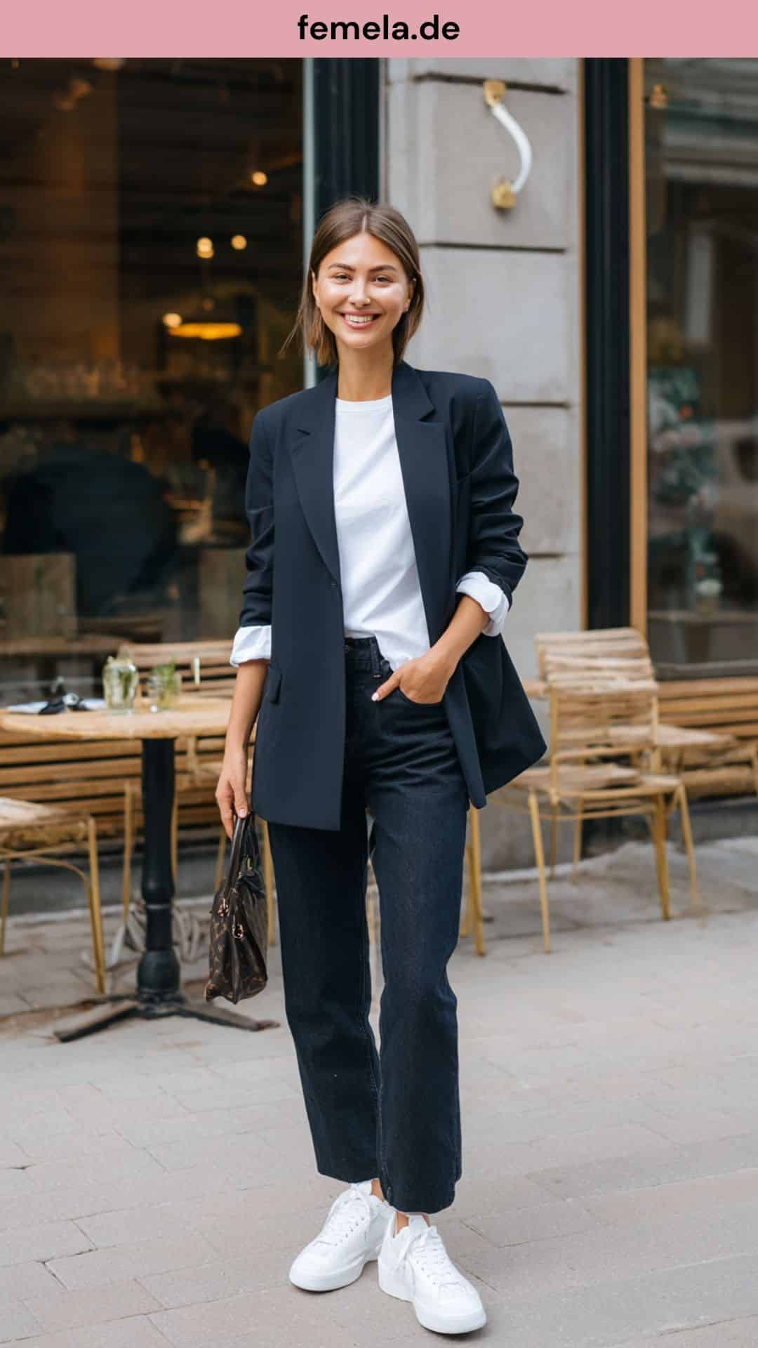 Elegantes Baggy Jeans Damen Outfit kombiniert mit einem navyblauen Blazer und weißen Sneakern für einen Casual Chic Look.