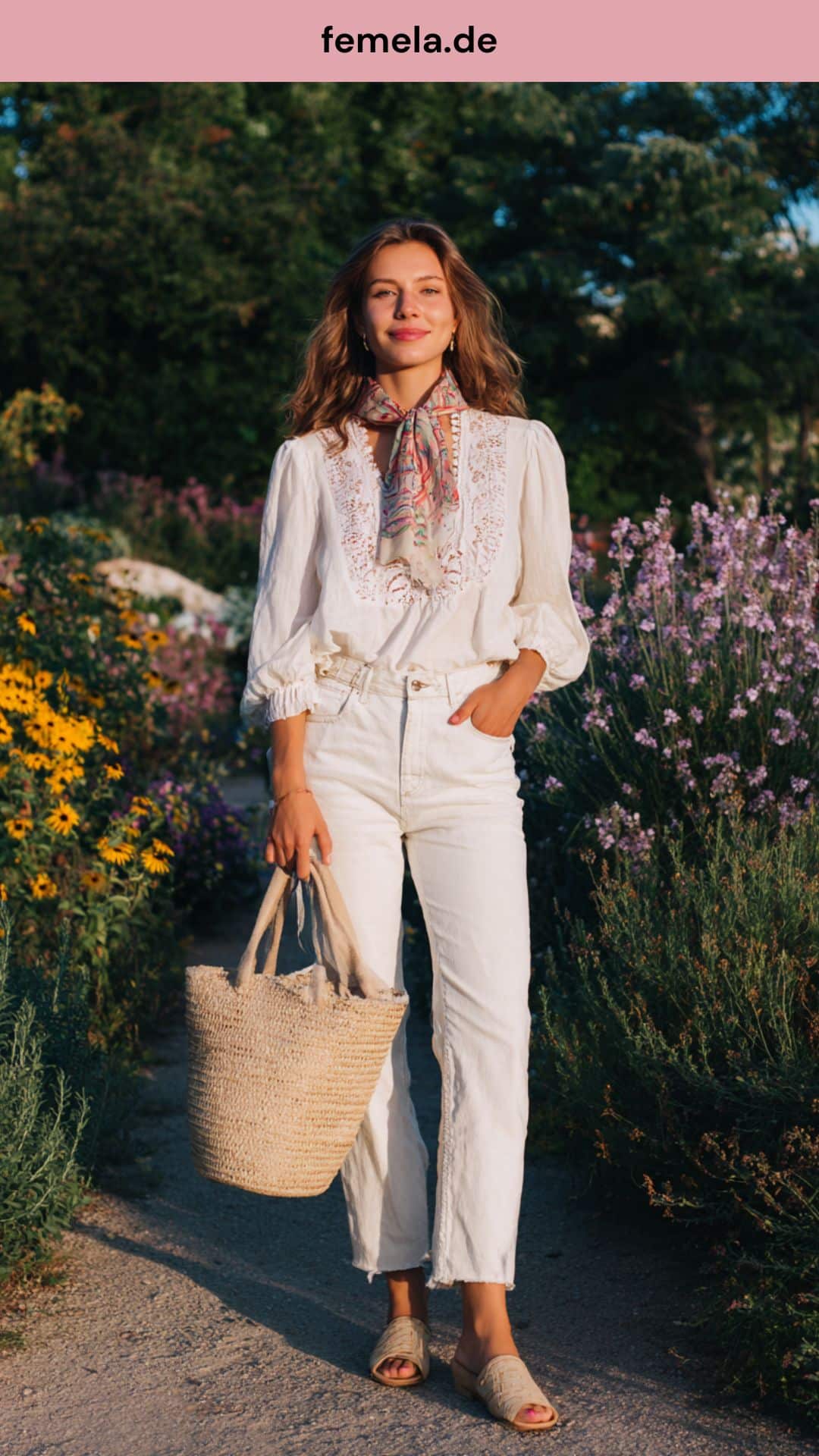 Sommerliches Boho-Outfit mit weißer Lochspitzen-Bluse und weißer Jeans im Garten.