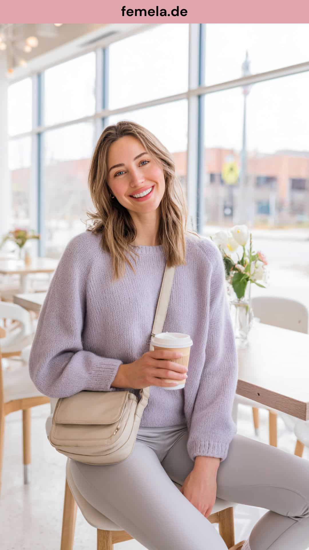 Clean Girl Aesthetic: Hellgraues Leggings Outfit für den Frühling kombiniert mit einem fliederfarbenen Kaschmirpullover in einem hellen Café.
