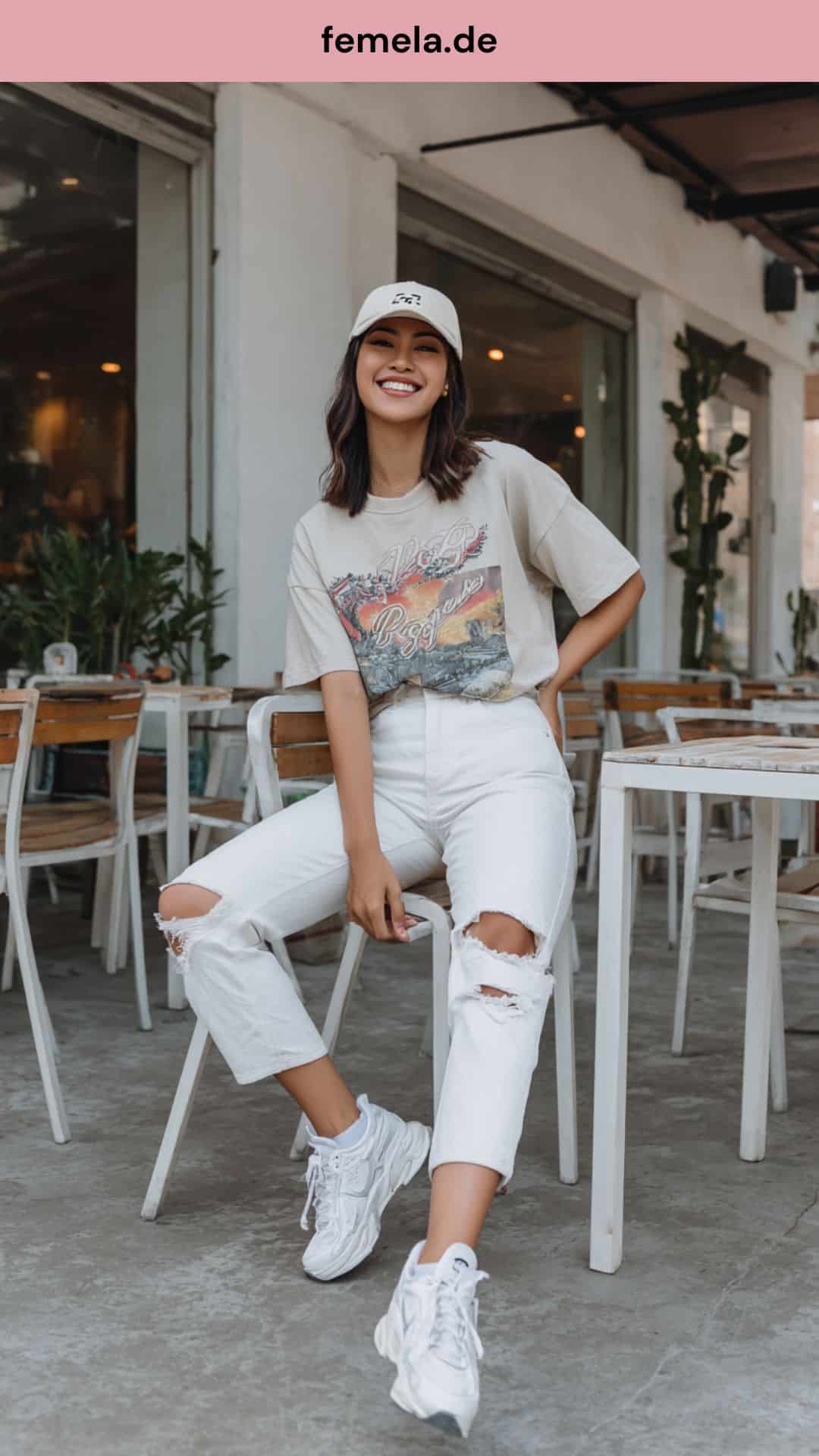 Lässiges Wochenend-Outfit mit Print-Shirt, Cap und weißer Jeans.