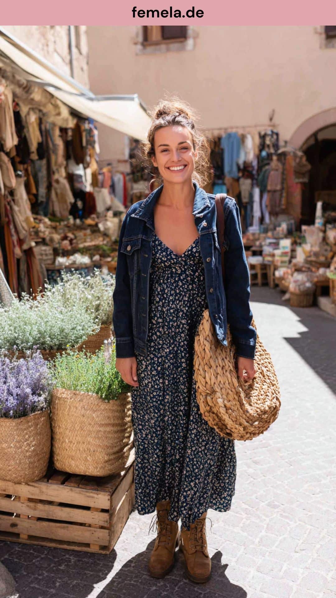 Boho-Frühlingsoutfit mit Maxikleid, Blouson und Korbtasche.
