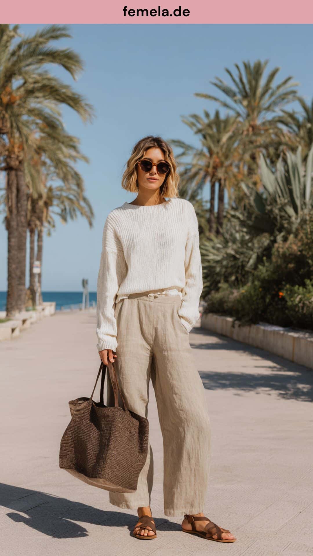 Luftiges Outfit mit weiter Leinenhose und feinem Strickpullover.