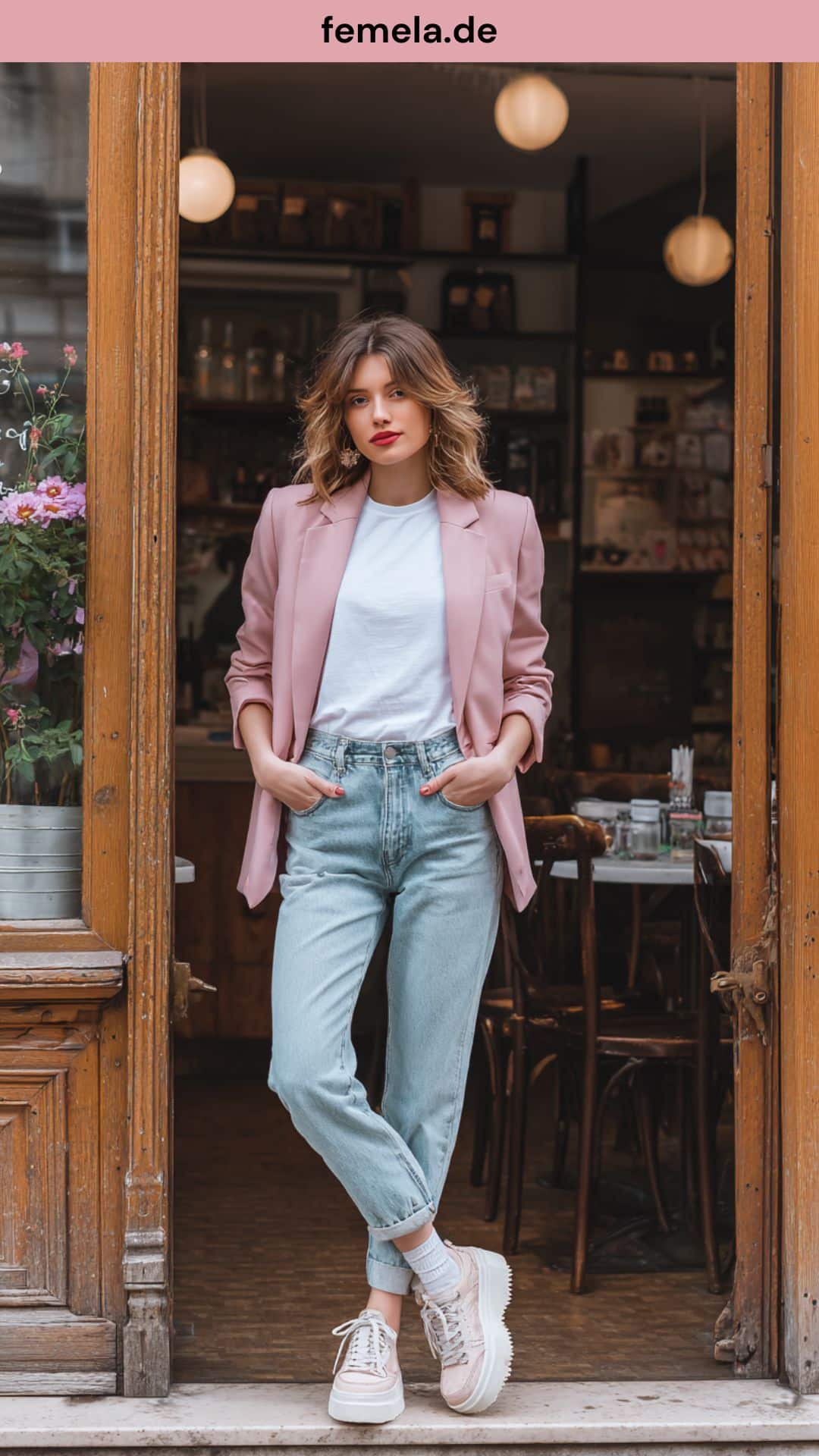 Moderner Look mit Mom-Jeans und einem farbigen Kurzblazer.