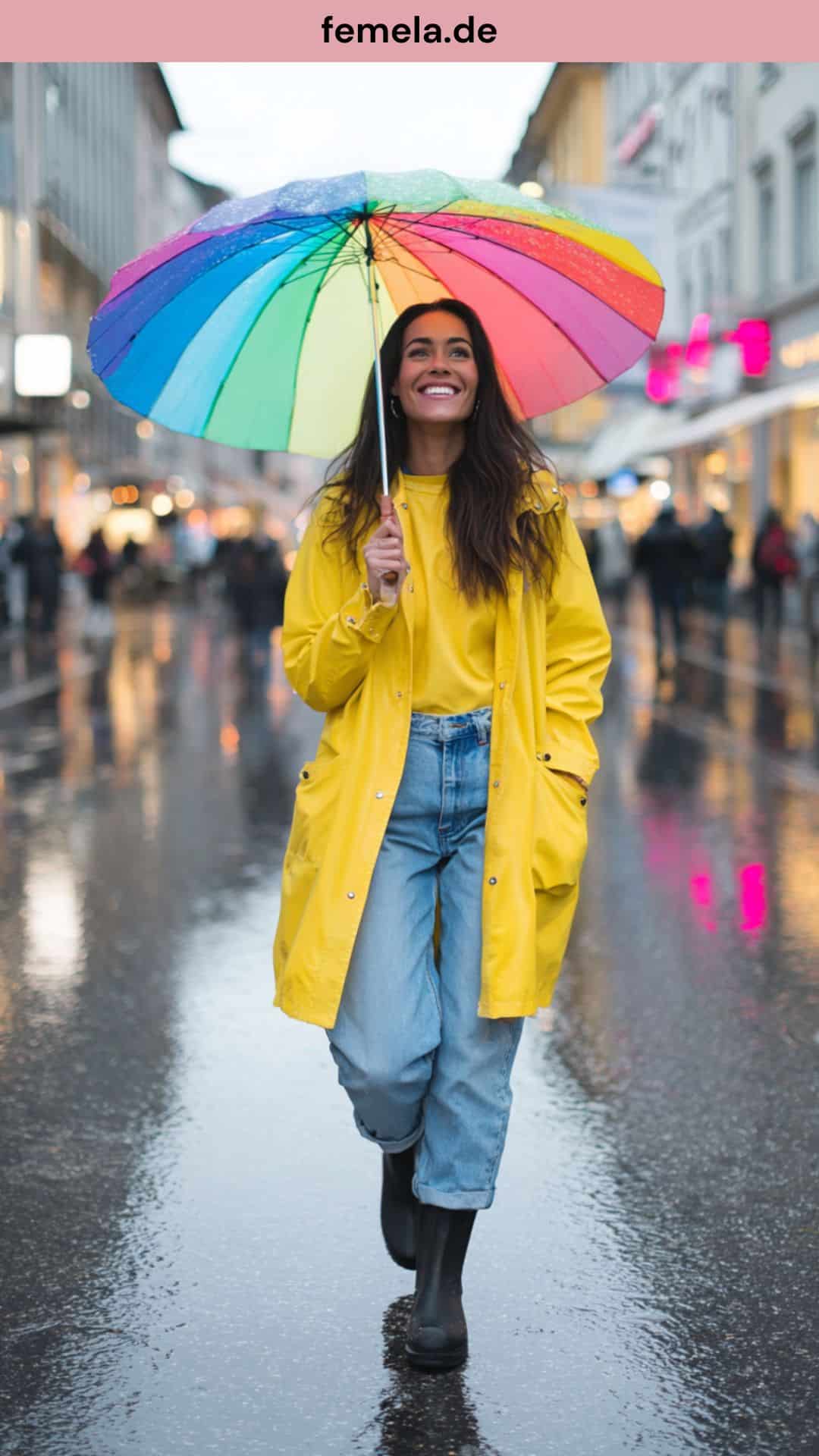 Frau im gelben Regenmantel und Gummistiefeletten bei Regen.