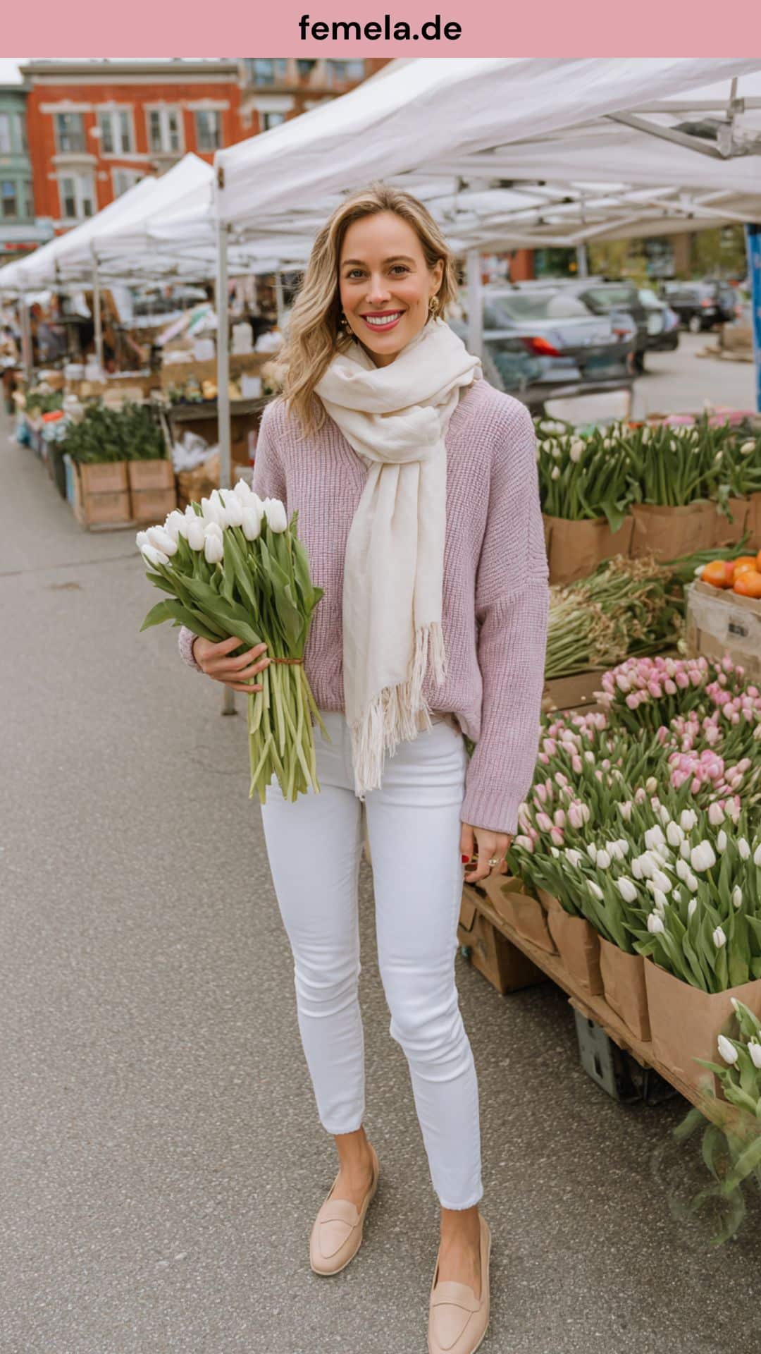 Frischer Look mit weißer Jeans und fliederfarbenem Pullover.