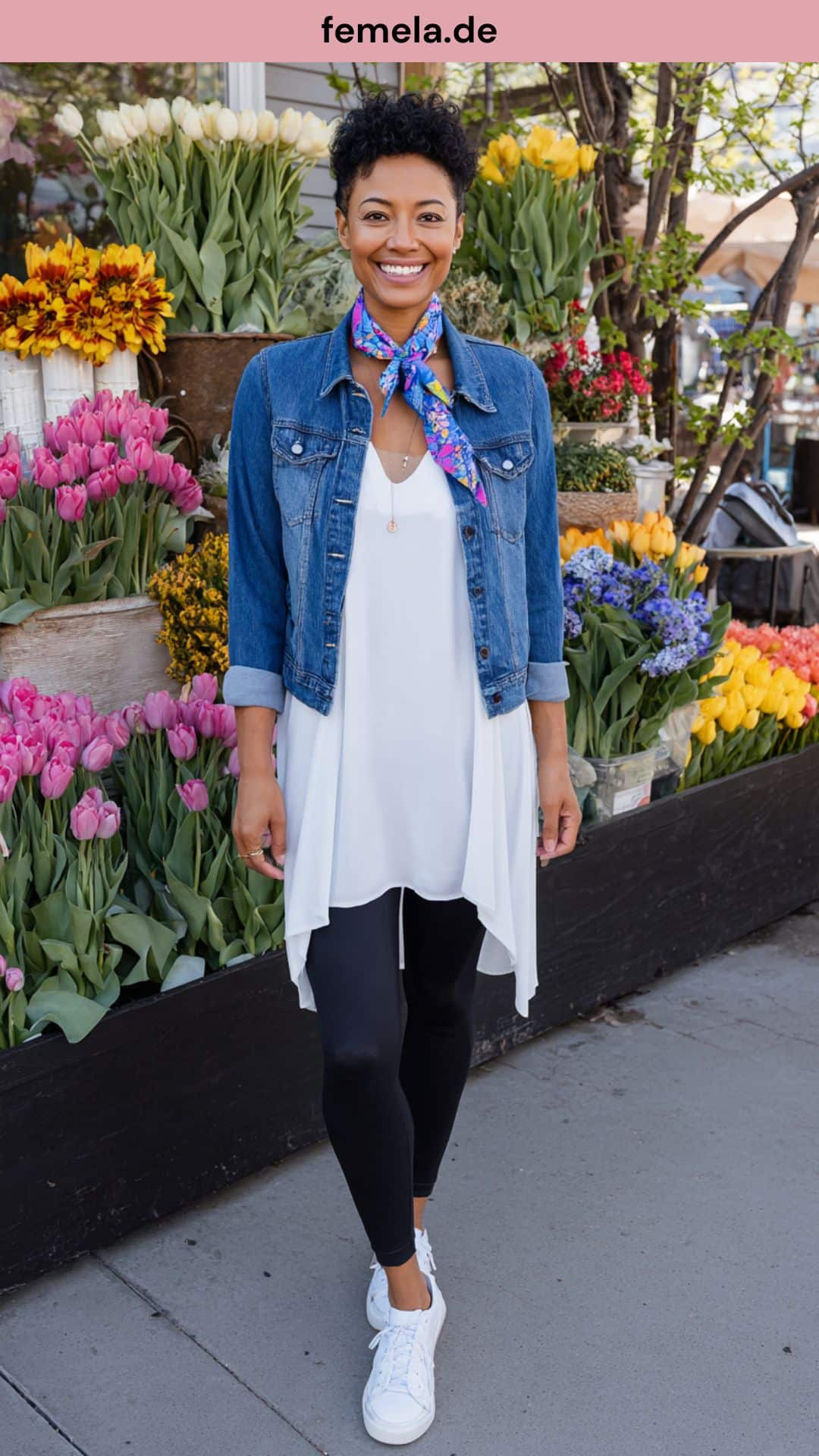 Weibliches Leggings Outfit für den Frühling mit klassischer Jeansjacke, weißer Tunika und einem bunten Seidentuch als Accessoire.