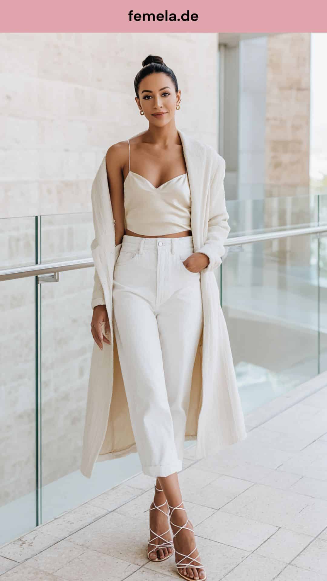 Eleganter All-White-Look mit weißer Jeans, Satintop und hellem Sommermantel.