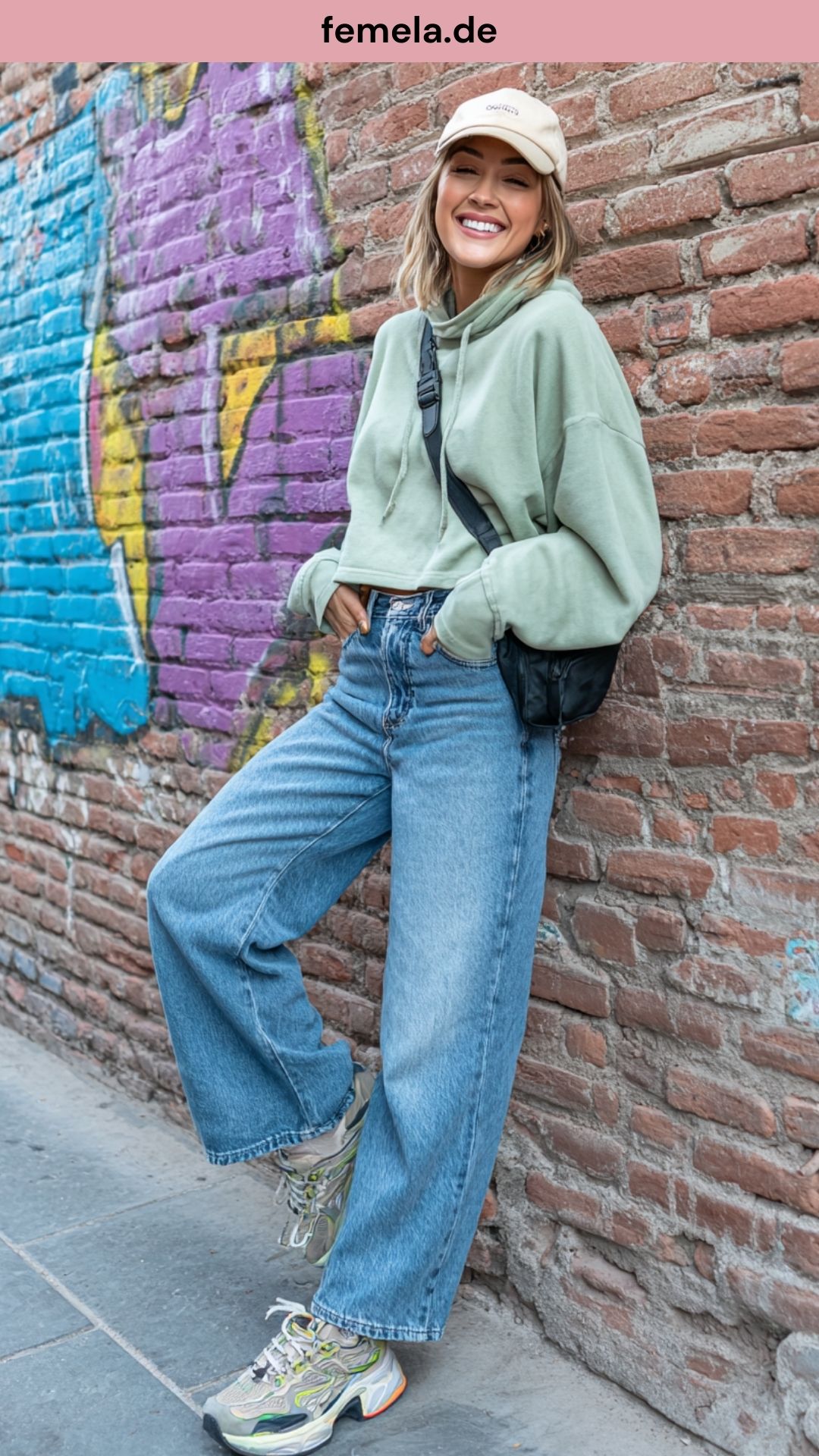 Urbaner Streetstyle Look mit Baggy Jeans, grünem Hoodie, Basecap und klobigen Sneakern.