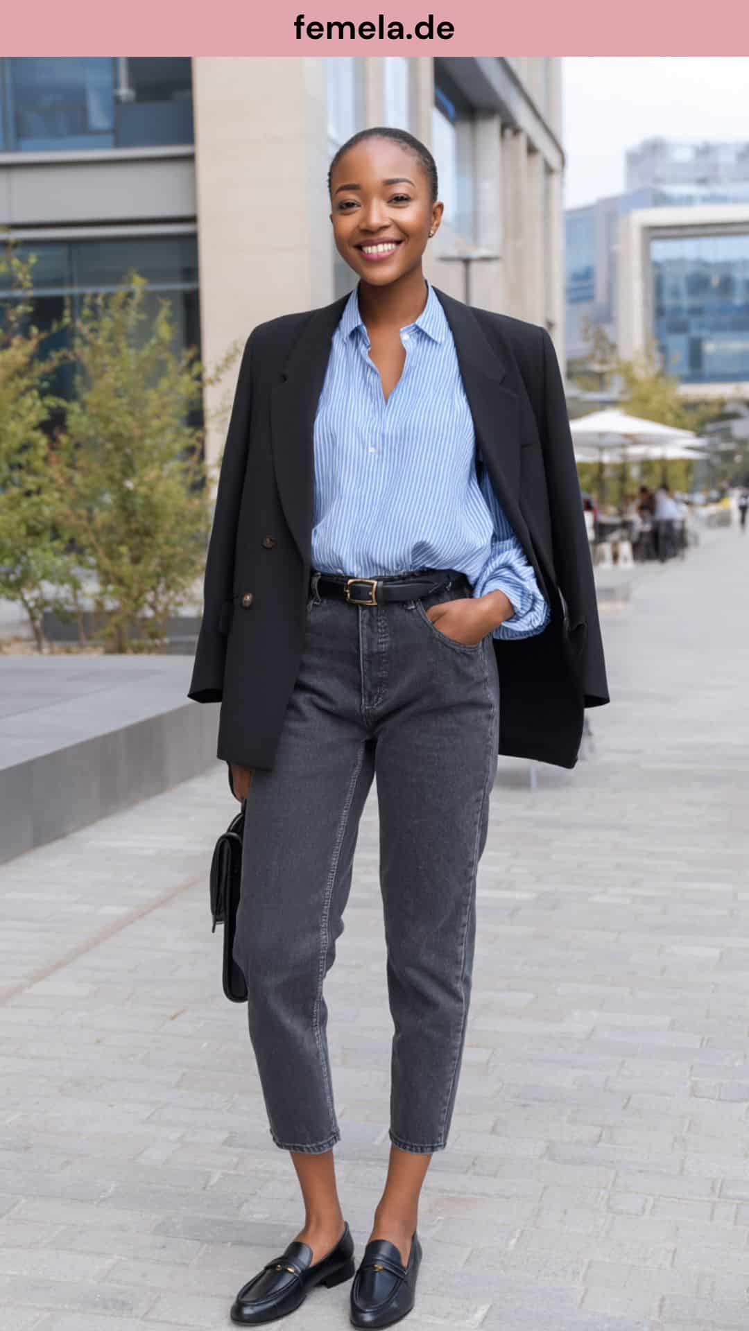 Elegantes Business-Outfit bestehend aus einer anthrazitfarbenen Jeans, blauer Seidenbluse und schwarzem Oversize-Blazer.