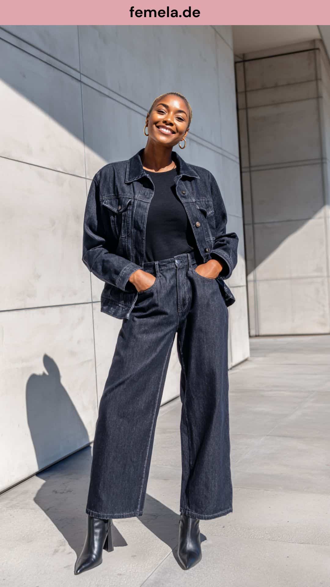 Modernes Denim-on-Denim Outfit für Damen mit weit geschnittener Hose und passender dunkelblauer Jeansjacke.