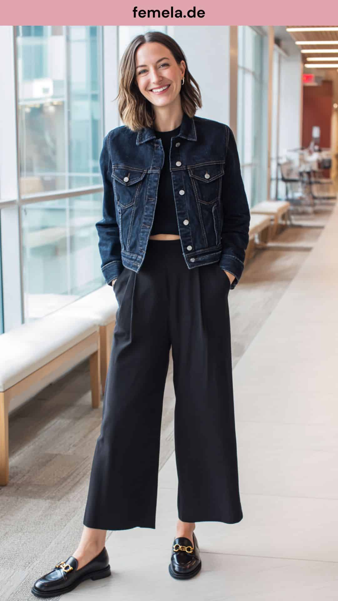 Elegantes Jeansjacke-Outfit für das Büro mit einer kurzen, dunklen Jacke und einer schwarzen Marlene-Hose.