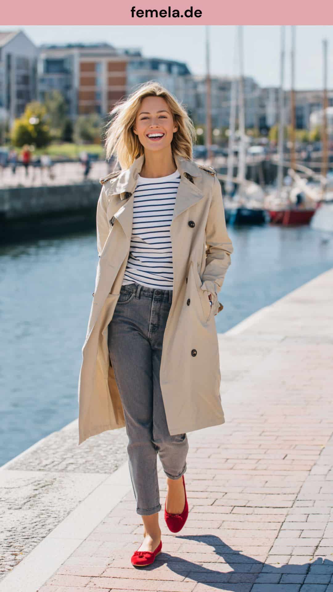 Maritimes Outfit mit grauer Jeans, Streifenshirt und beigem Trenchcoat an einer Uferpromenade.