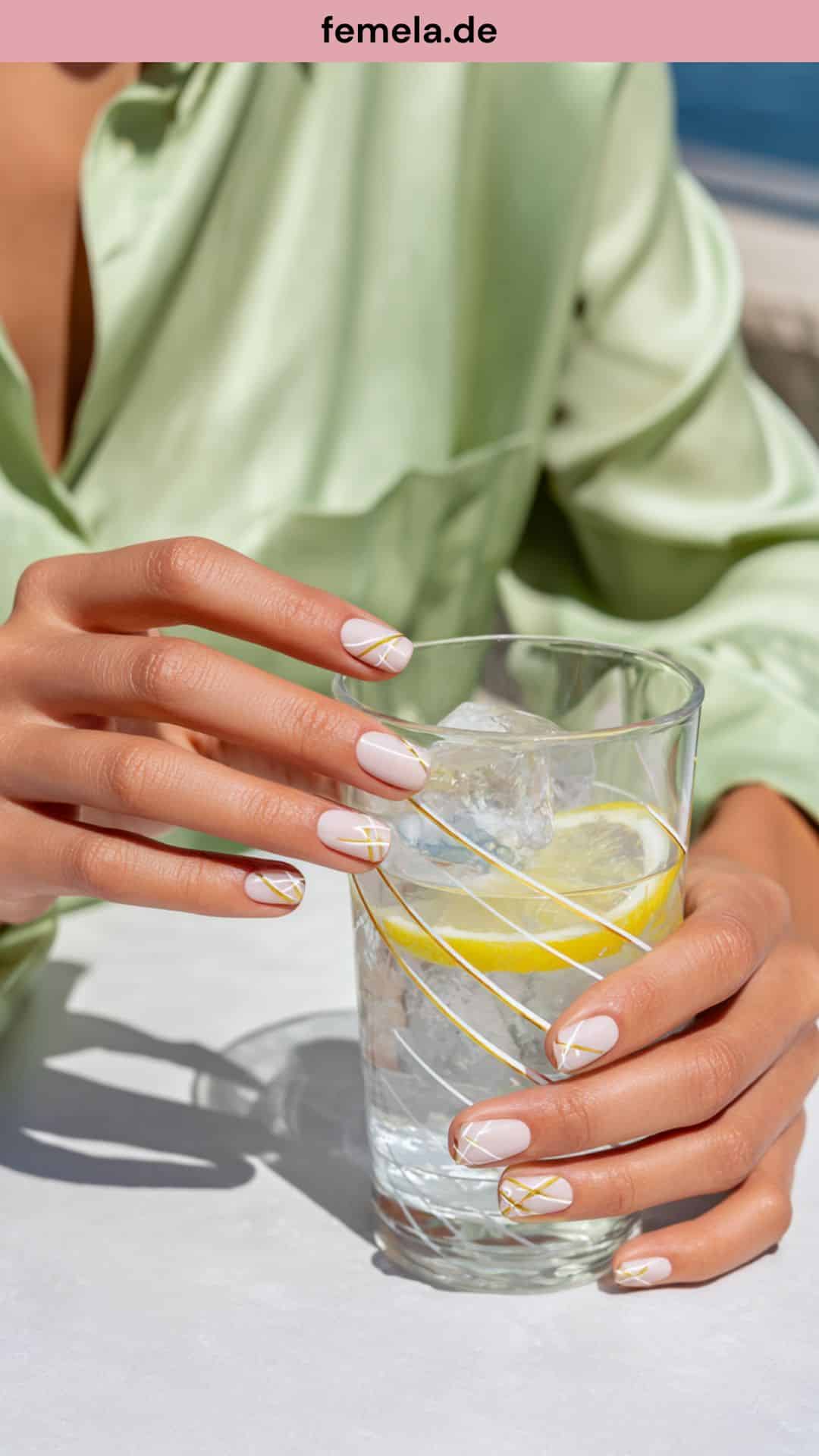 Naturnägel mit feinen weißen Linien als minimalistische Nailart