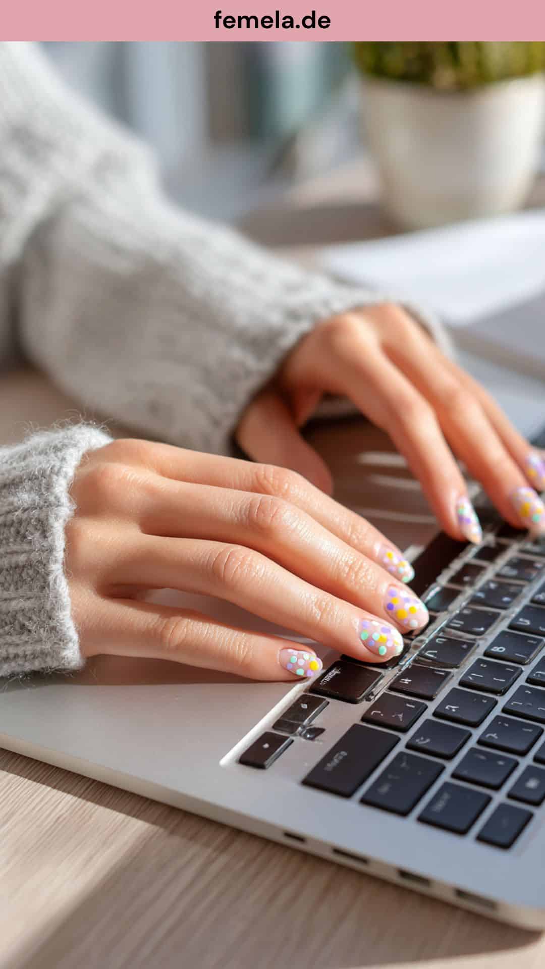 Kurze Fingernägel mit farbigen Punkten auf transparentem Lack