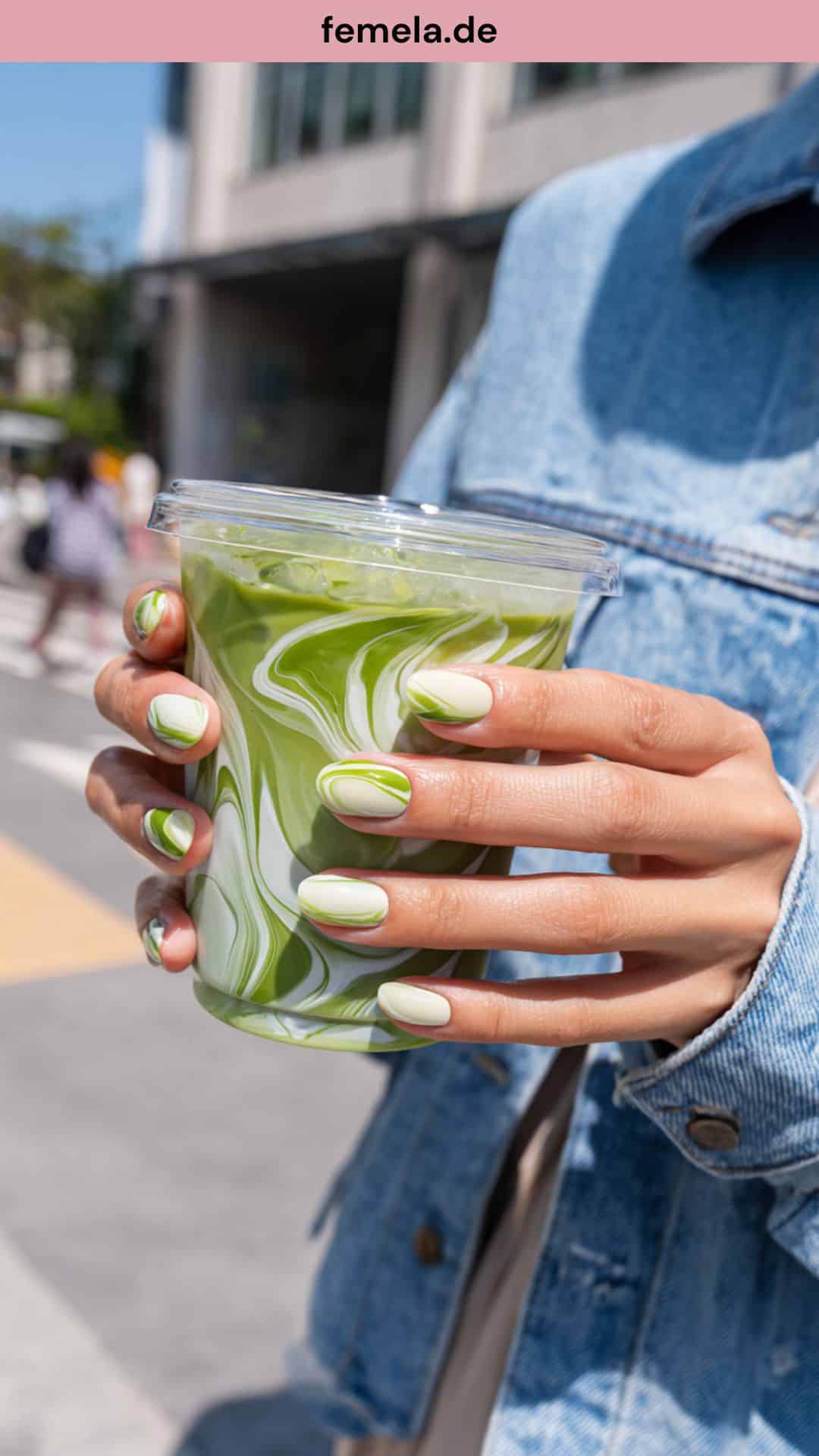 Fingernägel mit geschwungenen Linien in der Trendfarbe Matcha-Grün