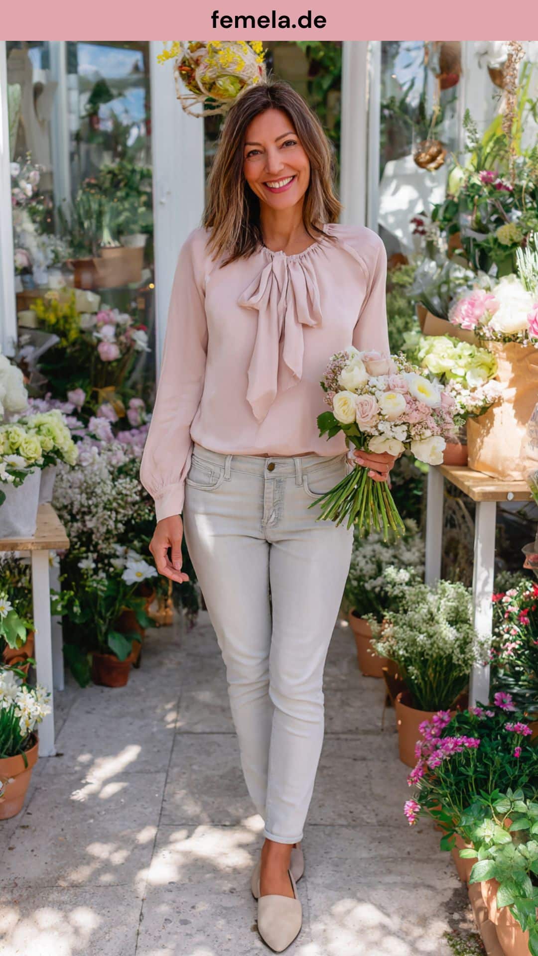 Frühlingshaftes Outfit mit hellgrauer Skinny Jeans und einer zartrosa Bluse in einer Gartenumgebung.