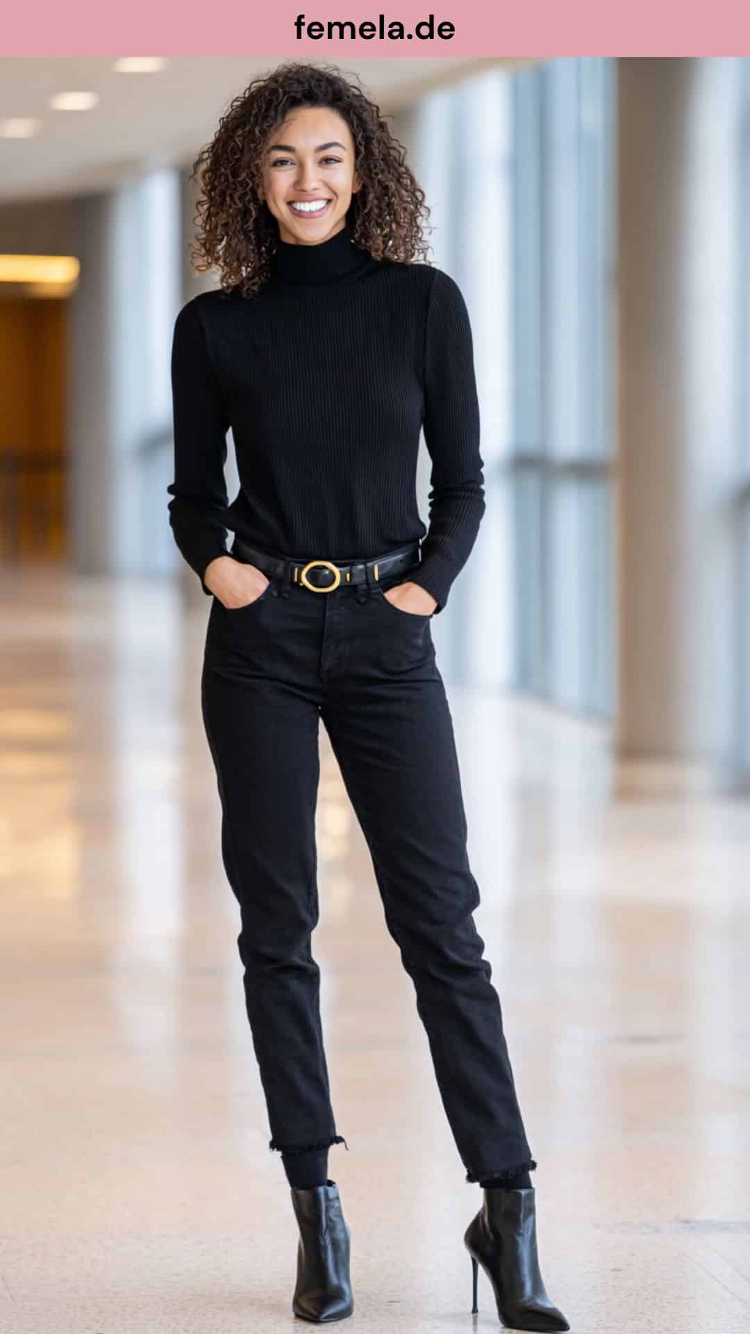 Monochromes Outfit in Schwarz mit goldener Gürtelschnalle.