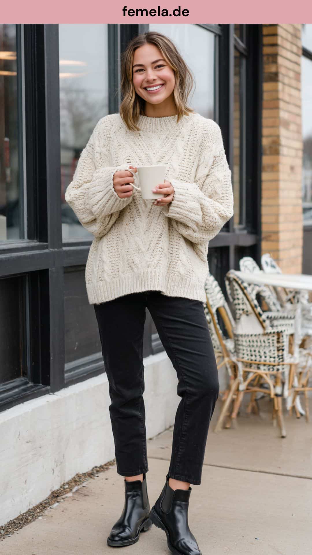 Frau in schwarzer Jeans und cremefarbenem Grobstrickpullover.