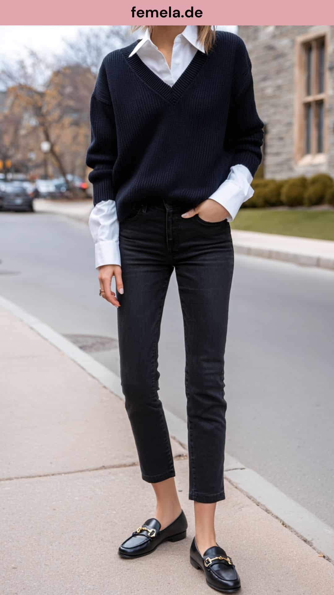 Preppy-Look mit V-Ausschnitt-Pullover, weißer Bluse und schwarzer Jeans.