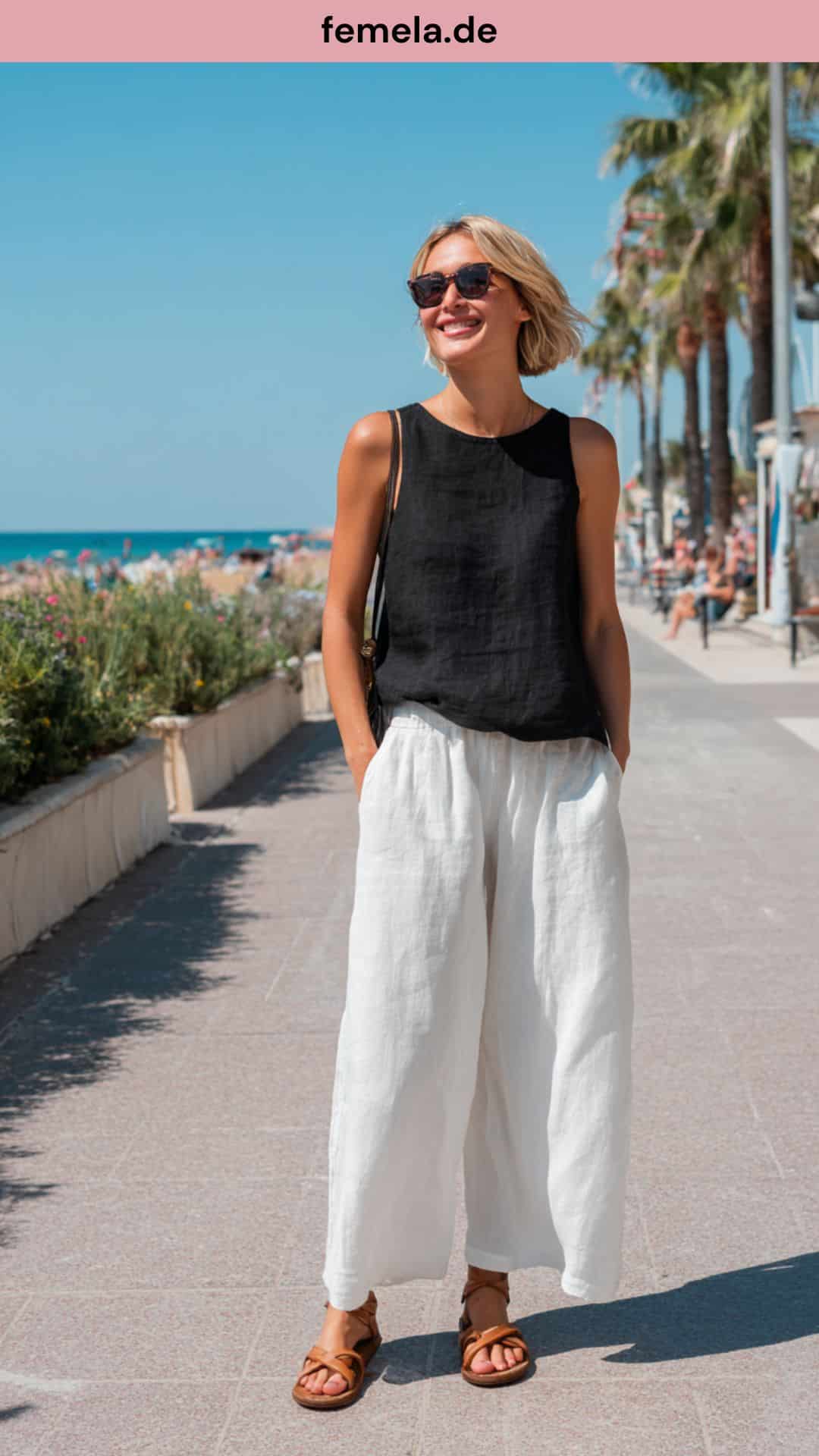 Sommerliches Outfit mit schwarzer, ärmelloser Bluse und weiter weißer Leinenhose.