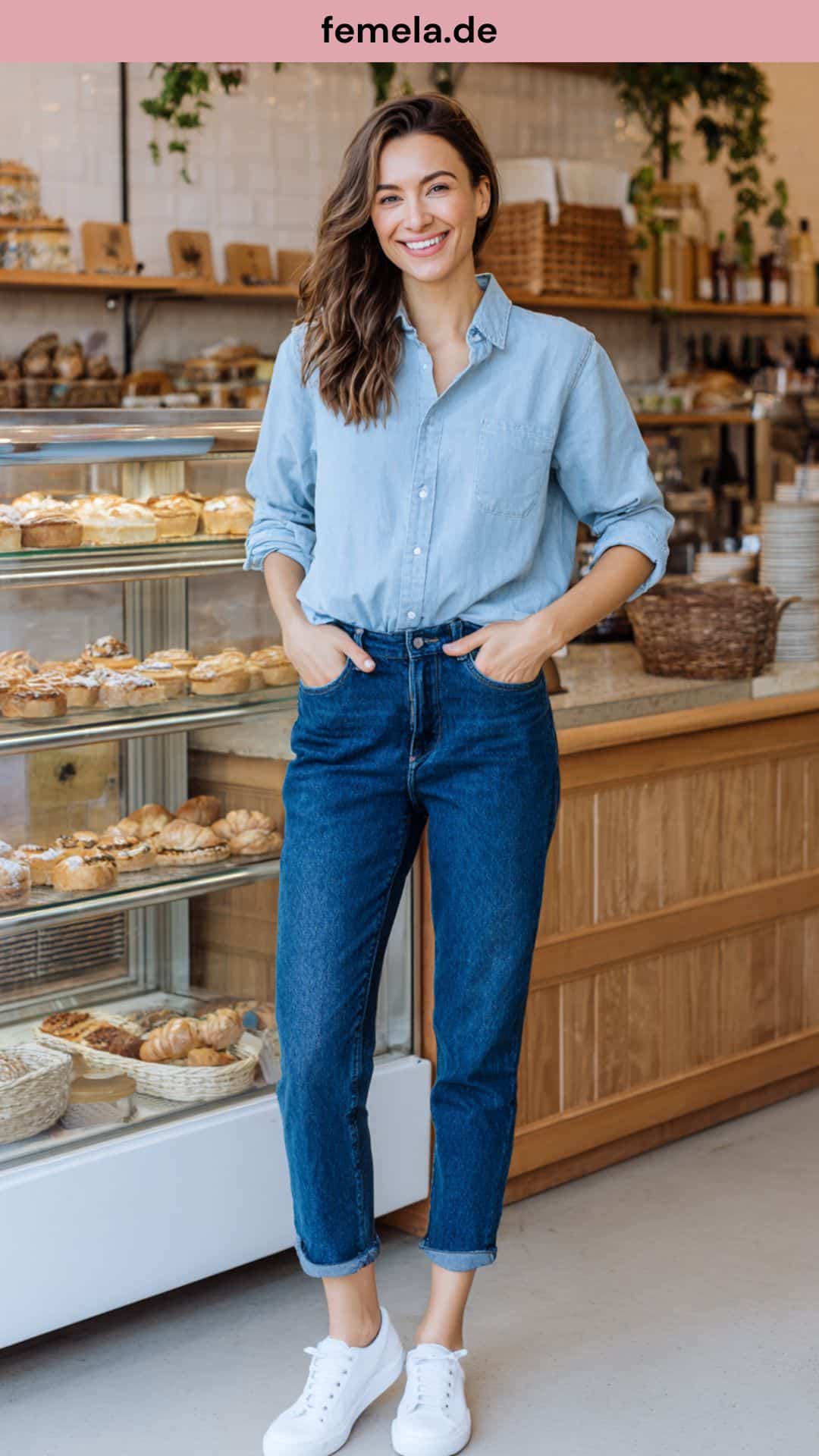 Frau im hellblauen Jeanshemd kombiniert mit dunkelblauen Mom-Jeans und weißen Sneakern in einer Bäckerei.