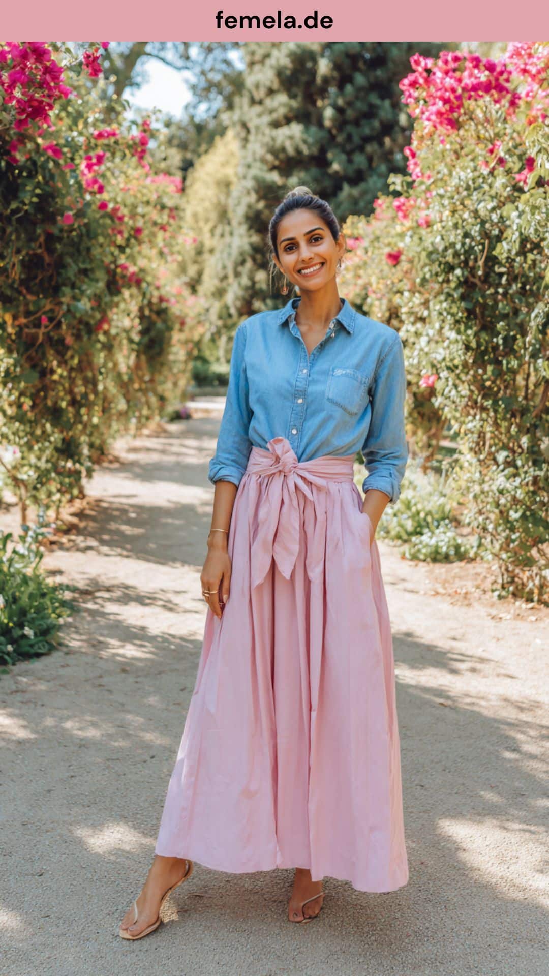 Feminines Outfit mit einem geknoteten Jeanshemd und einem fließenden, rosafarbenen Plisseerock.