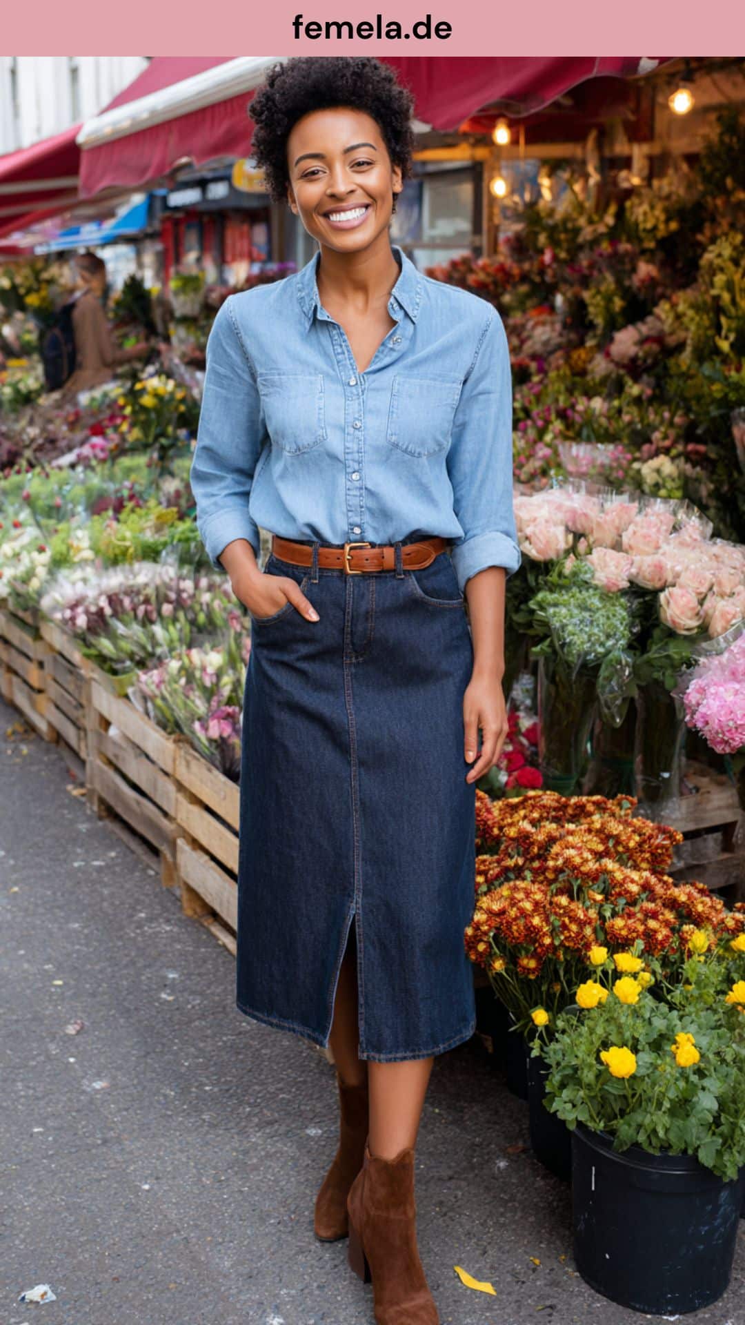 Denim-Look mit einem hellblauen Jeanshemd, das in einen dunkelblauen Jeans-Midirock gesteckt ist, dazu braune Accessoires.