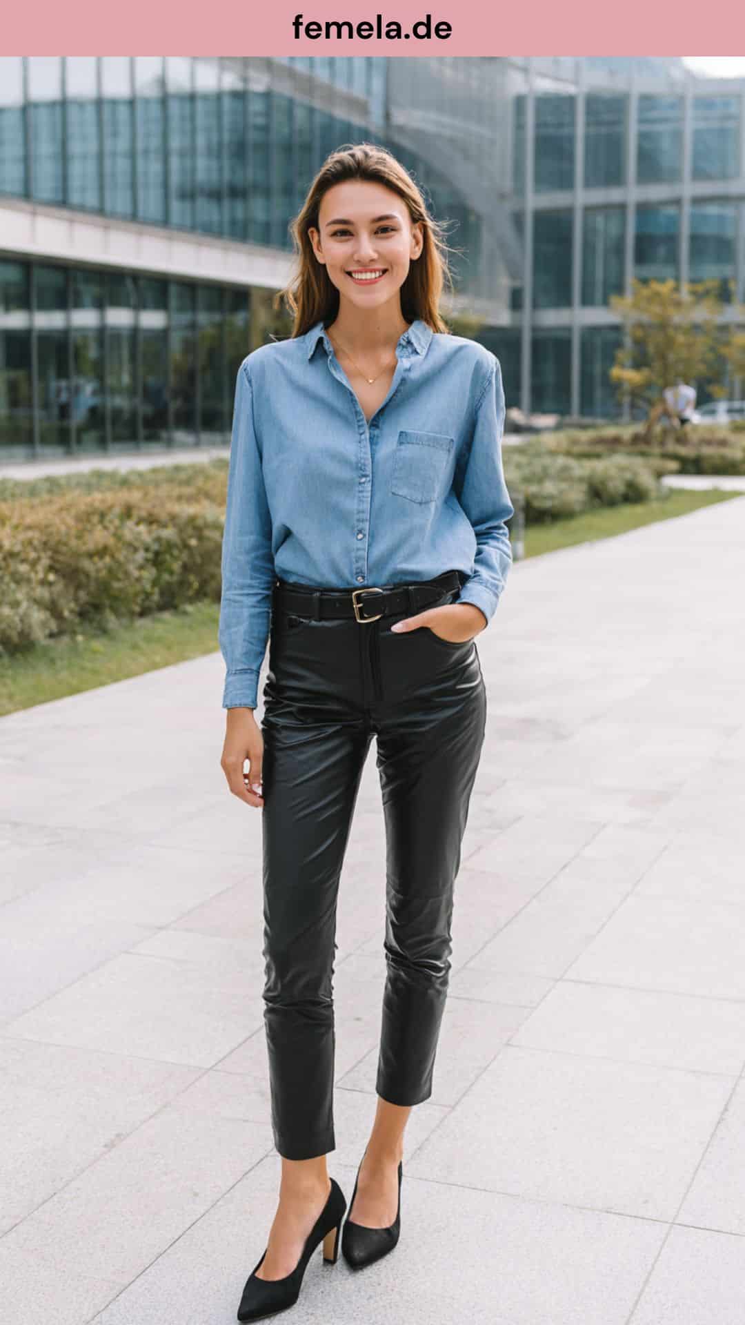 Elegante Frau trägt ein zugeknöpftes Jeanshemd, das in eine schwarze Lederhose gesteckt ist.