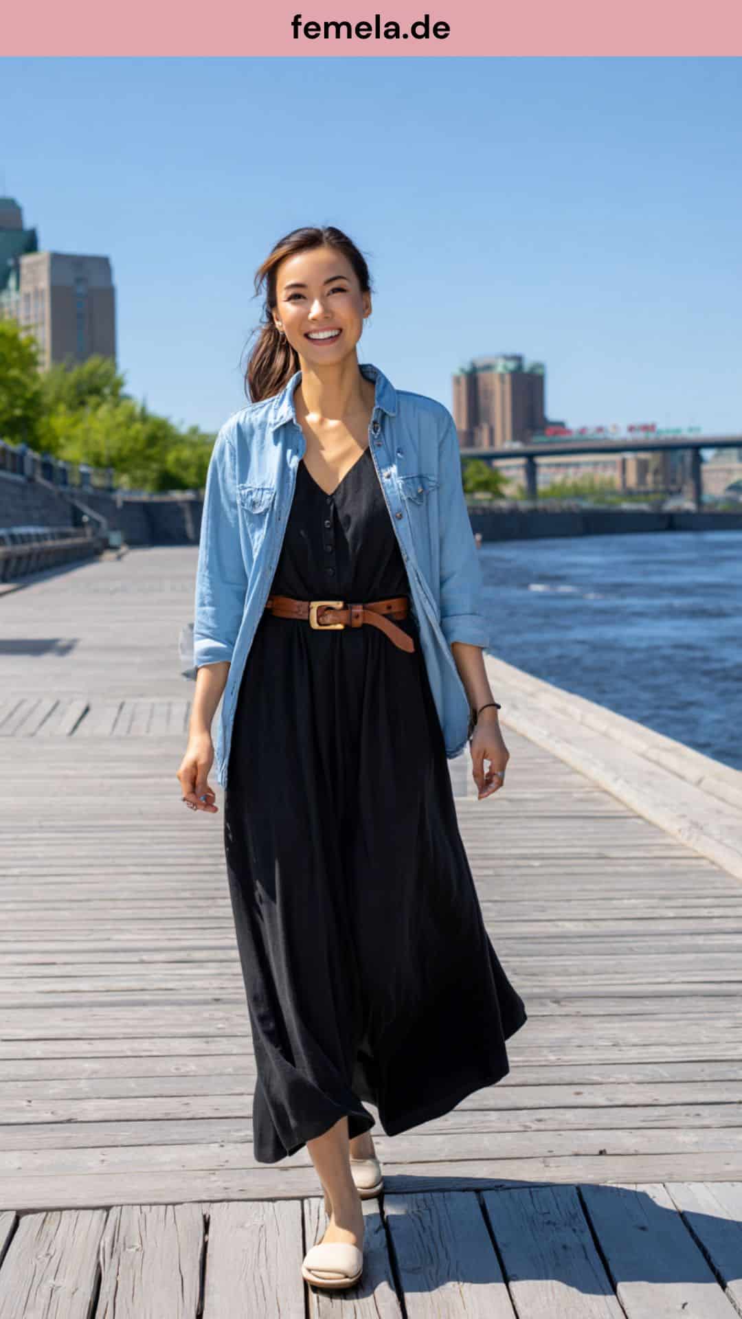Frau trägt ein schwarzes Maxikleid mit einem offenen Jeanshemd, das mit einem Gürtel in der Taille gebunden ist.