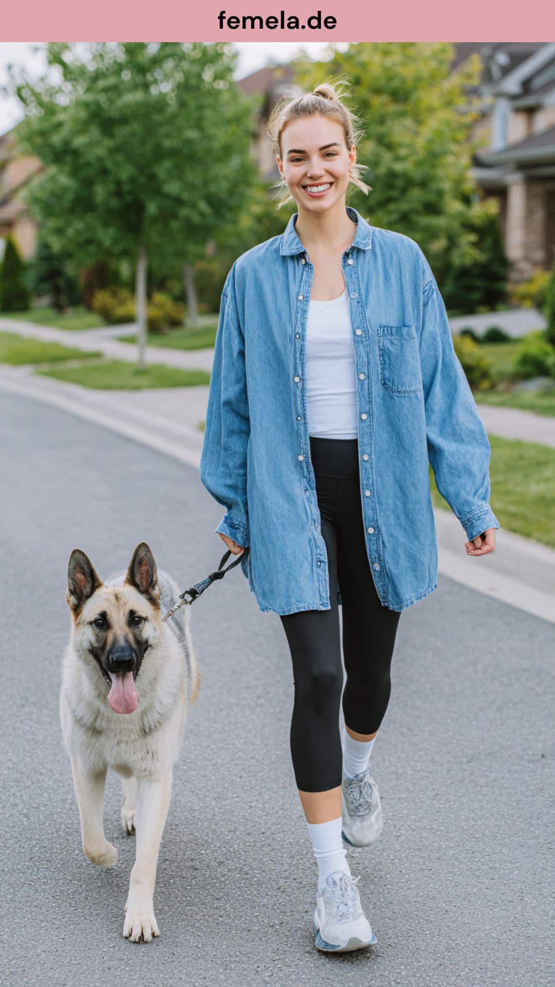 Sportliches Alltagsoutfit mit einem Oversized-Jeanshemd, schwarzen Leggings und weißen Sneakern.